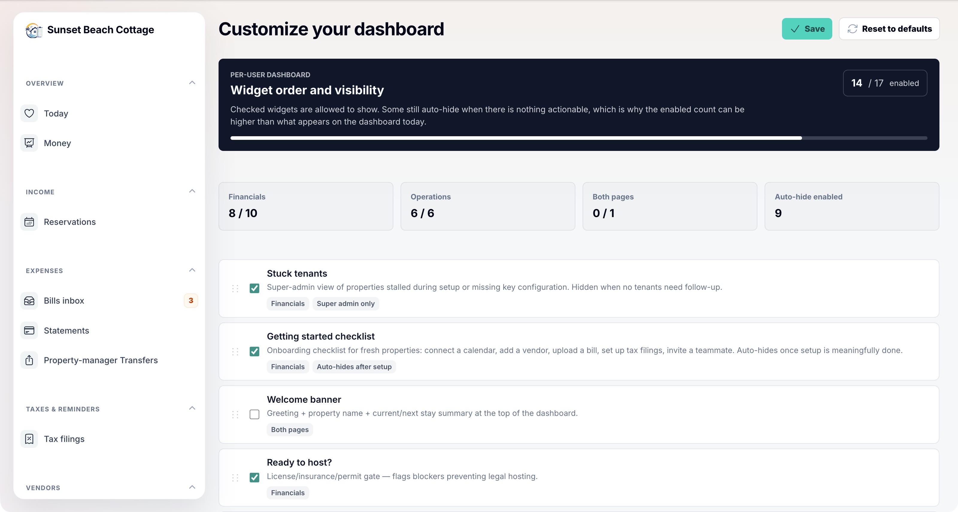 Customize dashboard — drag to reorder, tick to show